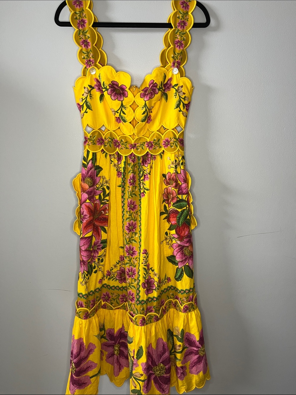 FARM Rio Yellow Summer Fruit Scarf Midi Dress pink floral cutout eyelet scallop - Picture 15 of 15